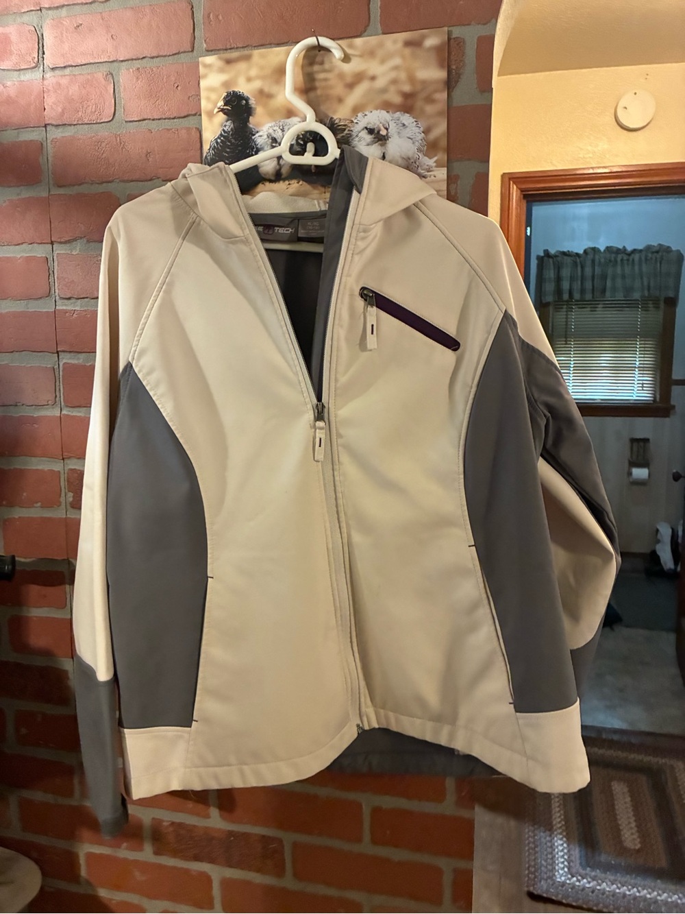 Women’s Hooded Softshell Utility Jacket in Light Beige and Gray